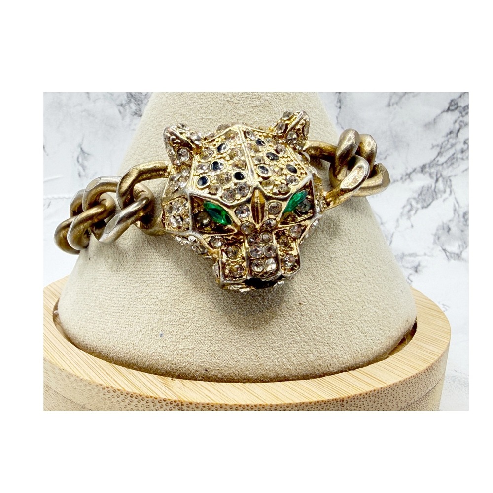 Leopard Head Bracelet Gold Tone Chunky Chain Green Glass Eyes 7–8" Finish Wear